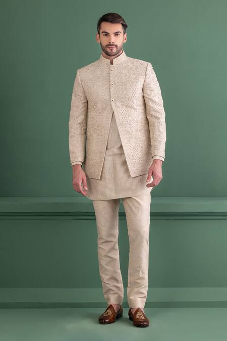 Amit Arora_Beige Silk, Jacquard Embroidery Thread Jacket And Kurta Set_Online_at_Aza_Fashions