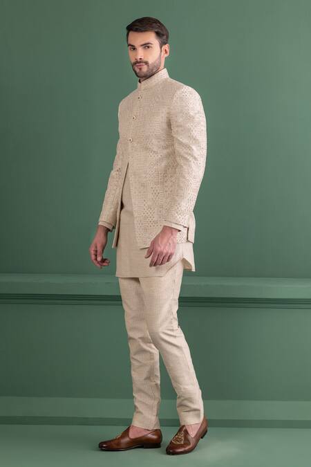 Shop_Amit Arora_Beige Silk, Jacquard Embroidery Thread Jacket And Kurta Set_Online_at_Aza_Fashions