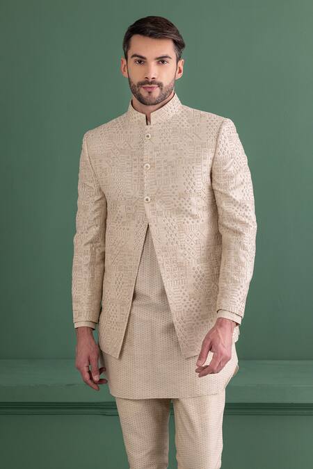 Amit Arora_Beige Silk, Jacquard Embroidery Thread Jacket And Kurta Set_at_Aza_Fashions