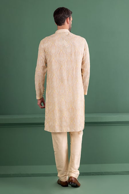 Shop Amit Arora Yellow Silk, Cotton Embroidery Dori Kurta Set at Aza Fashions Shop_Amit Arora_Yellow Silk, Cotton Embroidery Dori Kurta Set_at_Aza_Fashions