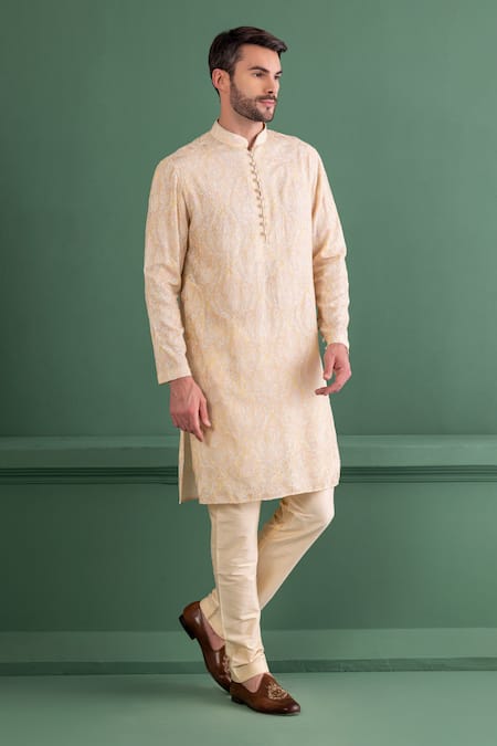 Shop Amit Arora Yellow Silk, Cotton Embroidery Dori Kurta Set Online at Aza Fashions Shop_Amit Arora_Yellow Silk, Cotton Embroidery Dori Kurta Set_Online_at_Aza_Fashions