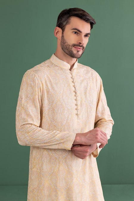 Amit Arora Yellow Silk, Cotton Embroidery Dori Kurta Set at Aza Fashions Amit Arora_Yellow Silk, Cotton Embroidery Dori Kurta Set_at_Aza_Fashions