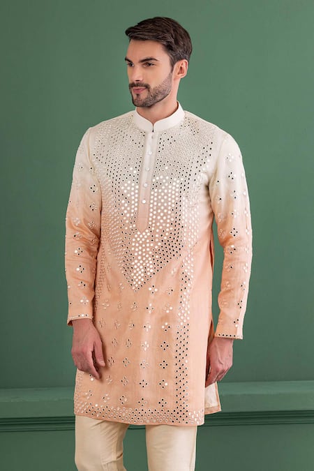 Shop_Amit Arora_Peach Chanderi , Cotton Satin, Cotton, Mirrors Embroidered Kurta Set _at_Aza_Fashions