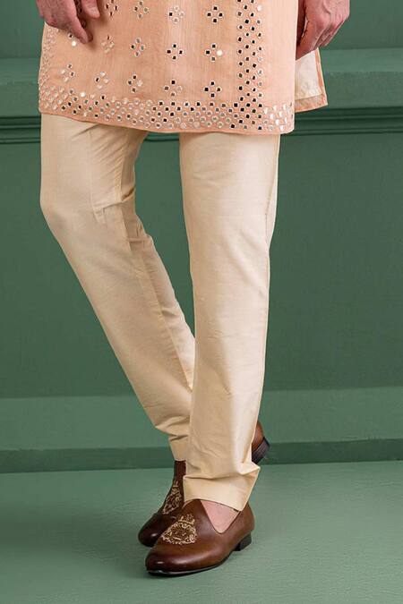 Amit Arora_Peach Chanderi , Cotton Satin, Cotton, Mirrors Embroidered Kurta Set _Online_at_Aza_Fashions