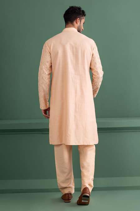 Shop Amit Arora Peach Silk, Chanderi, Cotton Mirrors Work Kurta Set at Aza Fashions Shop_Amit Arora_Peach Silk, Chanderi, Cotton Mirrors Work Kurta Set _at_Aza_Fashions