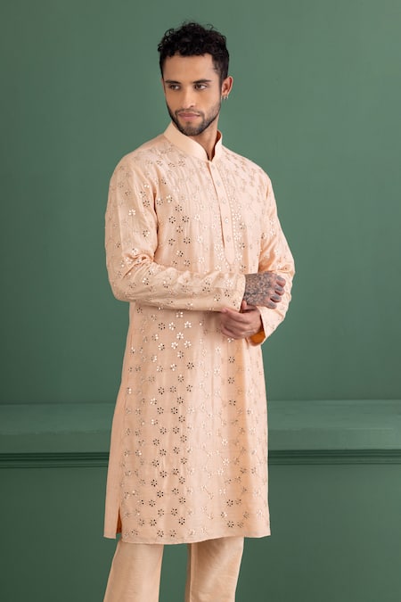 Shop Amit Arora Peach Silk, Chanderi, Cotton Mirrors Work Kurta Set Online at Aza Fashions Shop_Amit Arora_Peach Silk, Chanderi, Cotton Mirrors Work Kurta Set _Online_at_Aza_Fashions