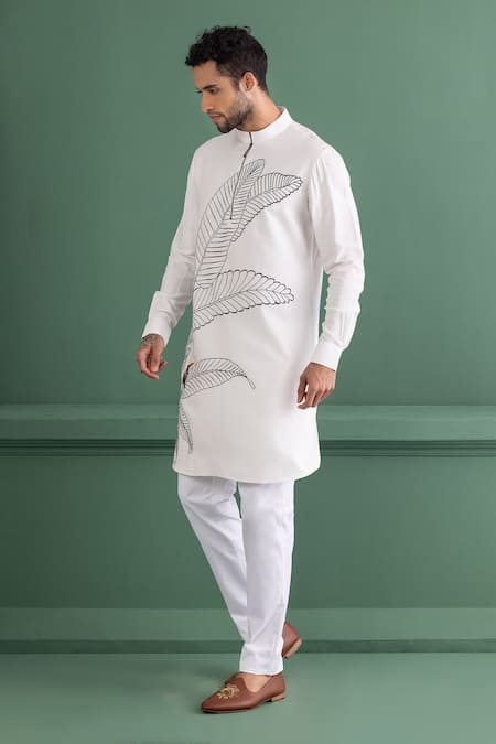 Buy_Amit Arora_Ivory Mohair, Cotton Embroidery Leaf Kurta Set _Online_at_Aza_Fashions