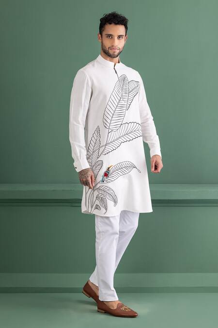 Shop_Amit Arora_Ivory Mohair, Cotton Embroidery Leaf Kurta Set _Online_at_Aza_Fashions