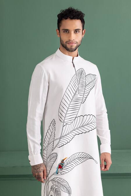 Amit Arora_Ivory Mohair, Cotton Embroidery Leaf Kurta Set _at_Aza_Fashions