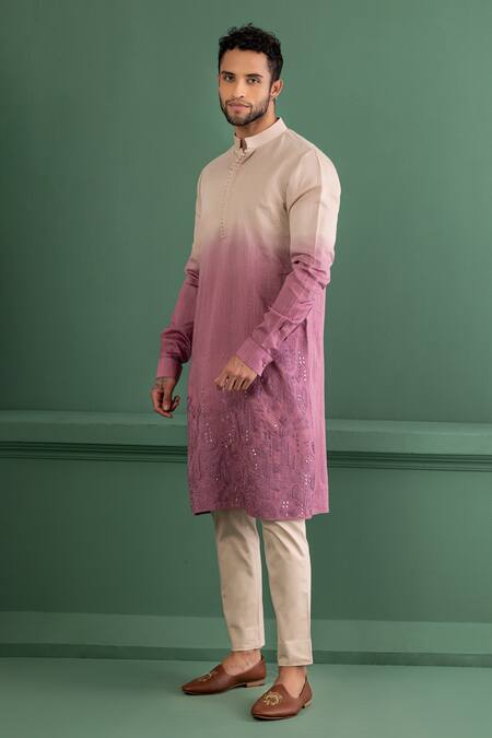 Buy_Amit Arora_Purple Chanderi Silk, Satin, Mirrors, Floral Border Kurta Set _Online_at_Aza_Fashions