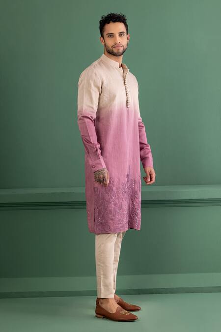 Shop_Amit Arora_Purple Chanderi Silk, Satin, Mirrors, Floral Border Kurta Set _Online_at_Aza_Fashions