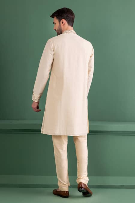 Shop_Amit Arora_Cream Silk, Chanderi, Cotton Metallic Thread Applique Embroidered Kurta Set _at_Aza_Fashions