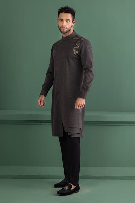 Amit Arora Grey Polyester Embroidery Pipe Placement Kurta Online at Aza Fashions Amit Arora_Grey Polyester Embroidery Pipe Placement Kurta _Online_at_Aza_Fashions