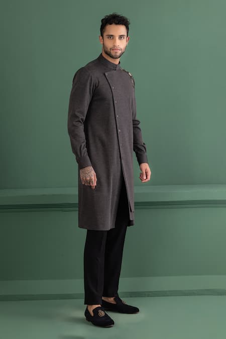 Buy Amit Arora Grey Polyester Embroidery Pipe Placement Kurta Online at Aza Fashions Buy_Amit Arora_Grey Polyester Embroidery Pipe Placement Kurta _Online_at_Aza_Fashions
