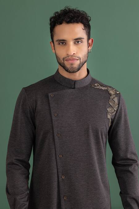 Shop Amit Arora Grey Polyester Embroidery Pipe Placement Kurta Online at Aza Fashions Shop_Amit Arora_Grey Polyester Embroidery Pipe Placement Kurta _Online_at_Aza_Fashions