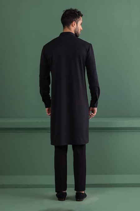 Shop Amit Arora Black Polyester Zari Floral Sleeve Embroidered Kurta at Aza Fashions Shop_Amit Arora_Black Polyester Zari Floral Sleeve Embroidered Kurta _at_Aza_Fashions