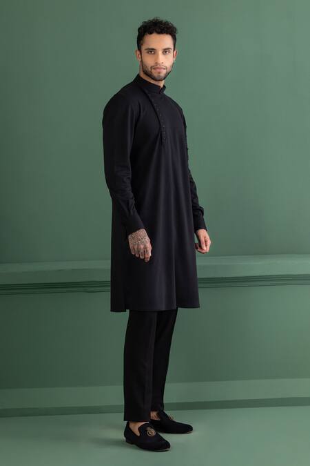 Amit Arora Black Polyester Zari Floral Sleeve Embroidered Kurta Online at Aza Fashions Amit Arora_Black Polyester Zari Floral Sleeve Embroidered Kurta _Online_at_Aza_Fashions
