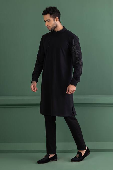 Buy Amit Arora Black Polyester Zari Floral Sleeve Embroidered Kurta Online at Aza Fashions Buy_Amit Arora_Black Polyester Zari Floral Sleeve Embroidered Kurta _Online_at_Aza_Fashions