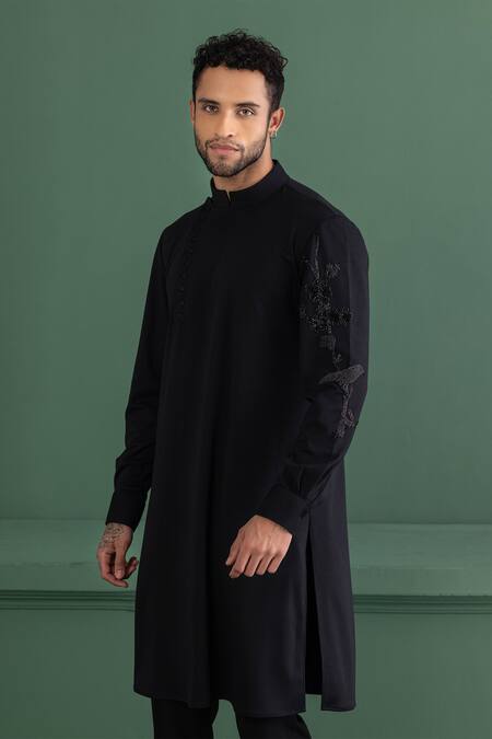 Shop Amit Arora Black Polyester Zari Floral Sleeve Embroidered Kurta Online at Aza Fashions Shop_Amit Arora_Black Polyester Zari Floral Sleeve Embroidered Kurta _Online_at_Aza_Fashions