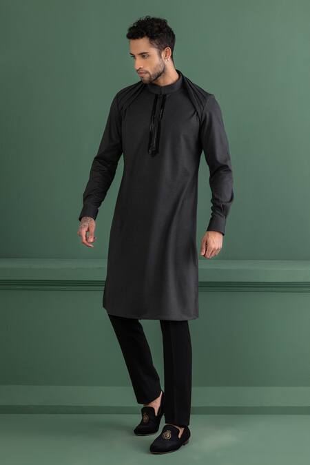 Shop_Amit Arora_Grey Polyester Cut Work Placket Embroidered Kurta _at_Aza_Fashions
