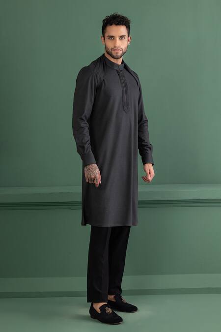 Amit Arora_Grey Polyester Cut Work Placket Embroidered Kurta _Online_at_Aza_Fashions
