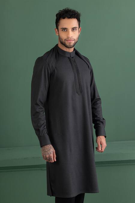 Buy_Amit Arora_Grey Polyester Cut Work Placket Embroidered Kurta _Online_at_Aza_Fashions