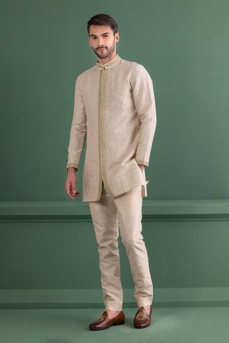 Amit Arora_Beige Silk, Jacquard Zari Paisley Woven Kurta Set_Online_at_Aza_Fashions