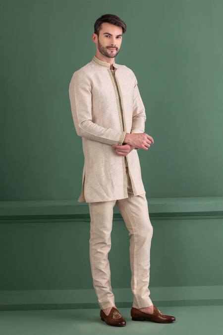 Buy_Amit Arora_Beige Silk, Jacquard Zari Paisley Woven Kurta Set_Online_at_Aza_Fashions