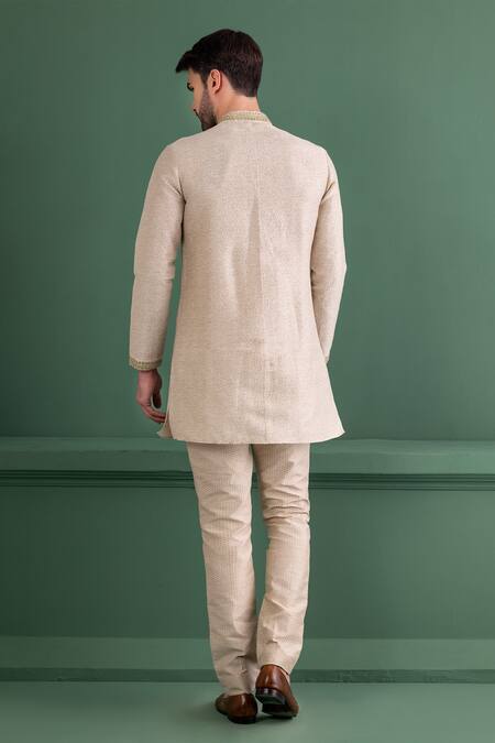 Amit Arora_Beige Silk, Jacquard Zari Paisley Woven Kurta Set_at_Aza_Fashions