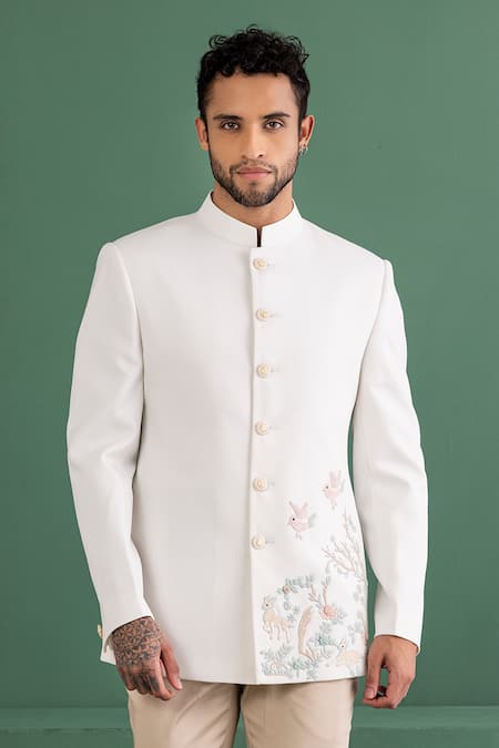 Amit Arora_Ivory Polyester, Cotton, Lycra Embroidery Resham Bandhgala Set _Online_at_Aza_Fashions