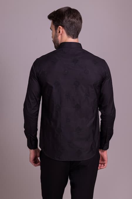 Shop_Amit Arora_Black Cotton Embroidery Crest Placement Shirt _at_Aza_Fashions