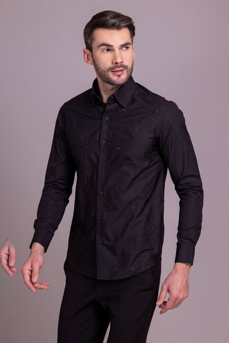 Amit Arora_Black Cotton Embroidery Crest Placement Shirt _Online_at_Aza_Fashions