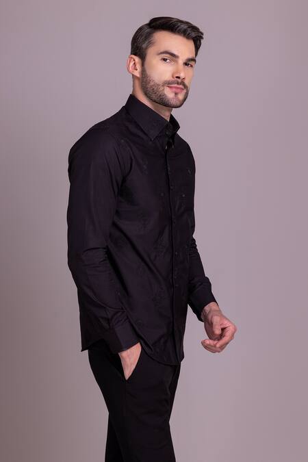 Buy_Amit Arora_Black Cotton Embroidery Crest Placement Shirt _Online_at_Aza_Fashions