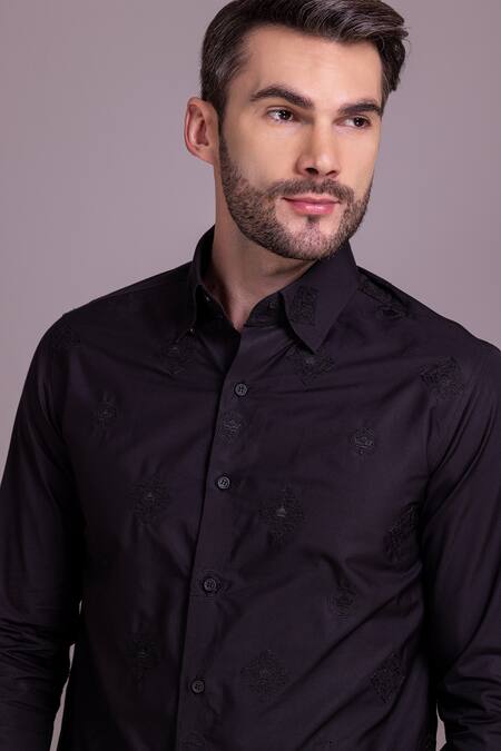 Shop_Amit Arora_Black Cotton Embroidery Crest Placement Shirt _Online_at_Aza_Fashions