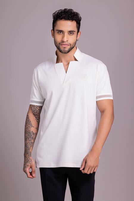 Amit Arora_White Cotton Knit Plain Half Sleeve T Shirt _Online_at_Aza_Fashions