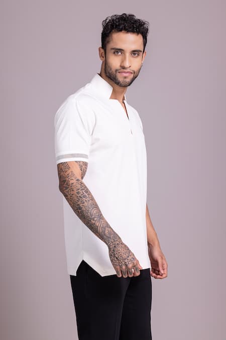 Shop_Amit Arora_White Cotton Knit Plain Half Sleeve T Shirt _Online_at_Aza_Fashions