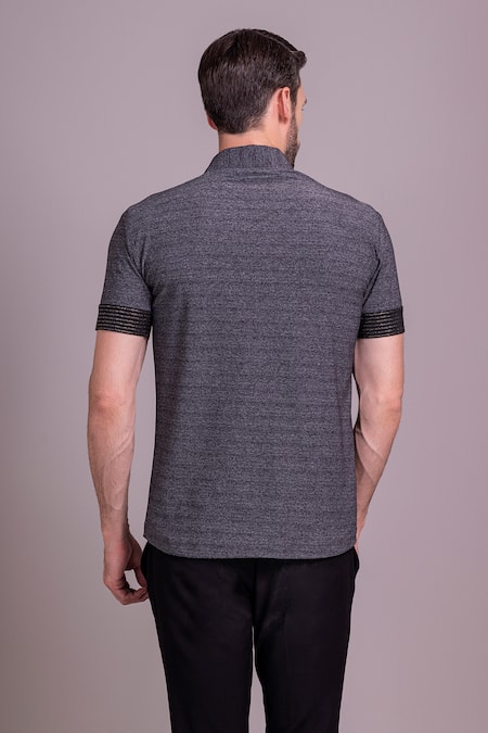 Shop_Amit Arora_Grey Cotton Placement Embroidered T Shirt _at_Aza_Fashions