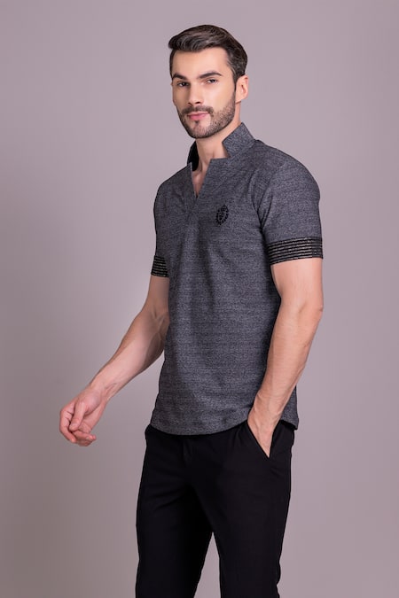 Amit Arora_Grey Cotton Placement Embroidered T Shirt _Online_at_Aza_Fashions