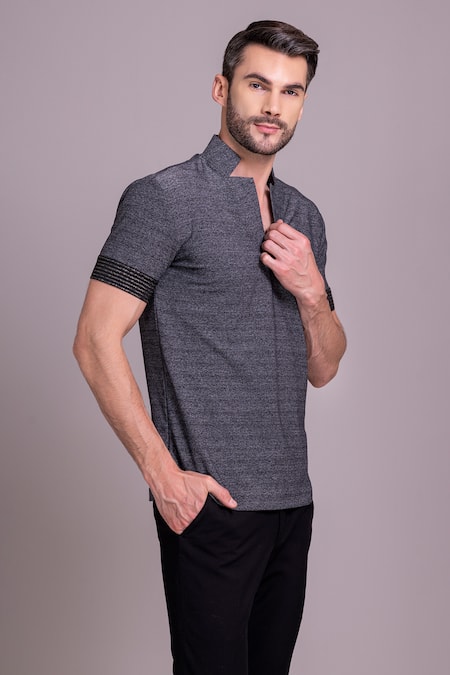 Buy_Amit Arora_Grey Cotton Placement Embroidered T Shirt _Online_at_Aza_Fashions