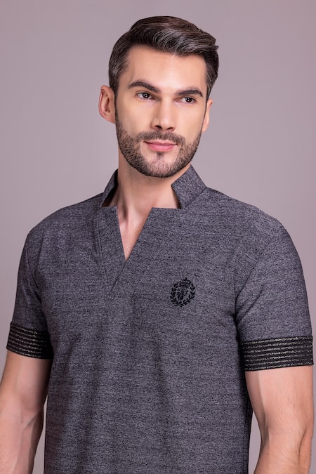 Shop_Amit Arora_Grey Cotton Placement Embroidered T Shirt _Online_at_Aza_Fashions