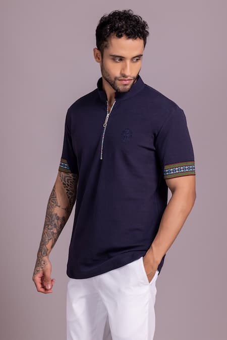 Amit Arora_Blue Cotton Sleeve Embroidered T Shirt _Online_at_Aza_Fashions