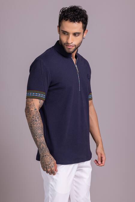 Buy_Amit Arora_Blue Cotton Sleeve Embroidered T Shirt _Online_at_Aza_Fashions