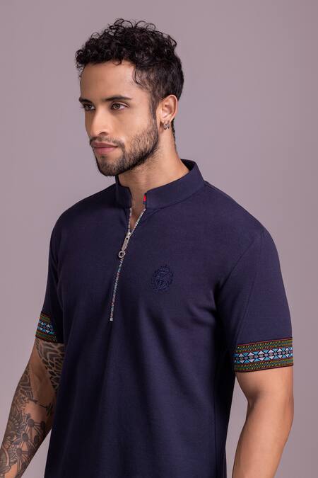 Shop_Amit Arora_Blue Cotton Sleeve Embroidered T Shirt _Online_at_Aza_Fashions