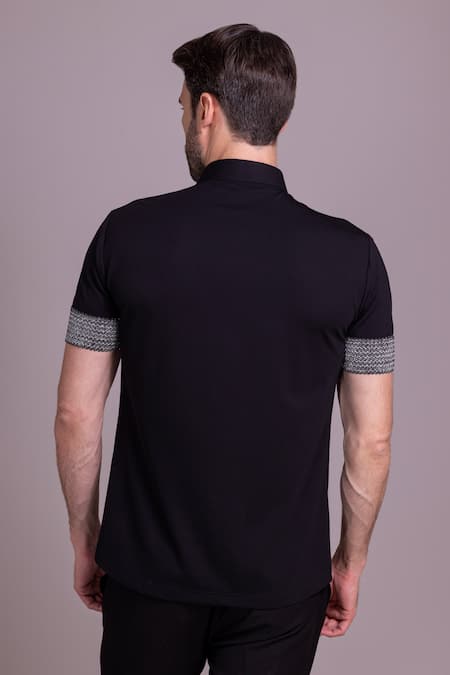 Shop_Amit Arora_Black Cotton Solid Half Sleeve T Shirt _at_Aza_Fashions