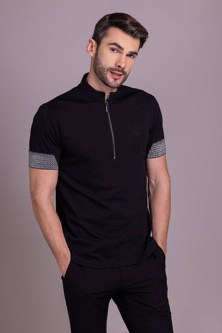 Amit Arora_Black Cotton Solid Half Sleeve T Shirt _Online_at_Aza_Fashions