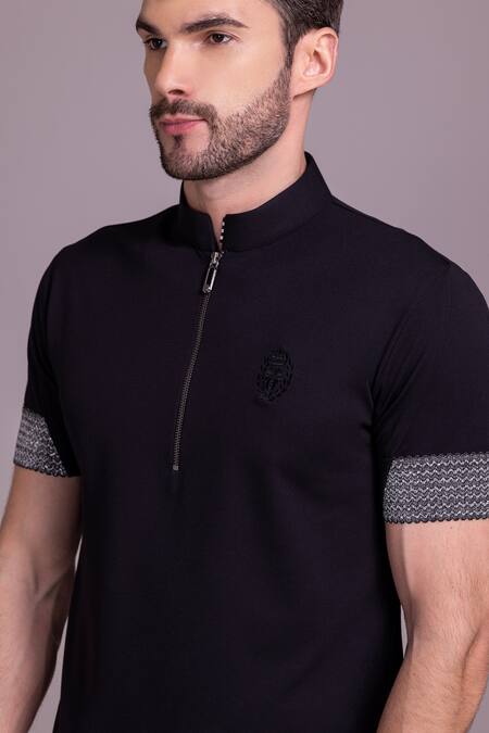 Shop_Amit Arora_Black Cotton Solid Half Sleeve T Shirt _Online_at_Aza_Fashions