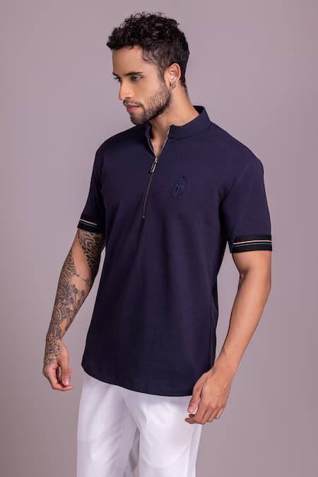 Amit Arora_Blue Cotton Plain Half Sleeve T Shirt _Online_at_Aza_Fashions