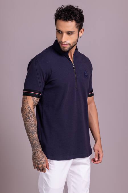 Buy_Amit Arora_Blue Cotton Plain Half Sleeve T Shirt _Online_at_Aza_Fashions