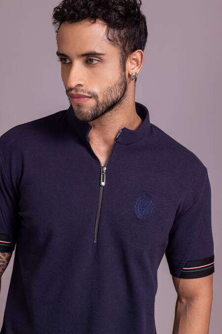 Shop_Amit Arora_Blue Cotton Plain Half Sleeve T Shirt _Online_at_Aza_Fashions