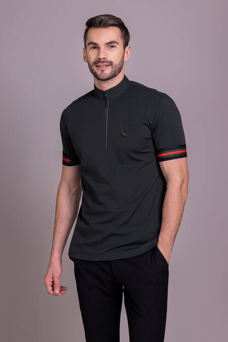 Shop_Amit Arora_Green Cotton Half Sleeve Plain T Shirt_Online_at_Aza_Fashions